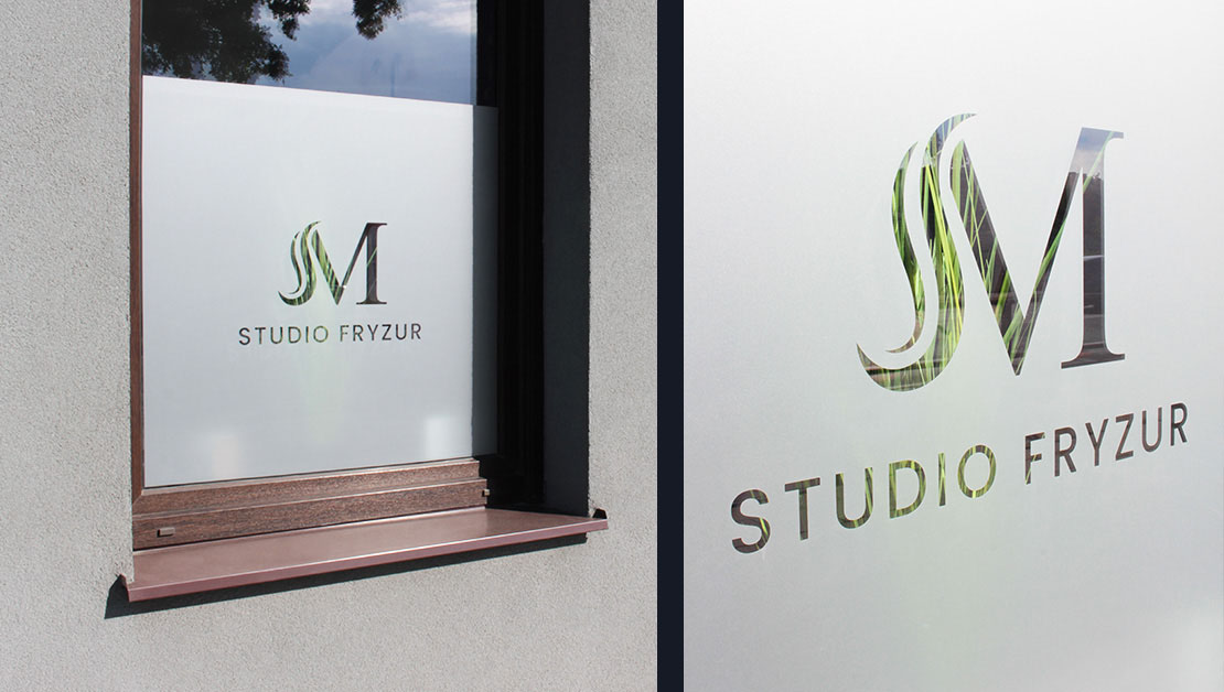 Frosted window film with cut-out logo of Hairdressing Studio M